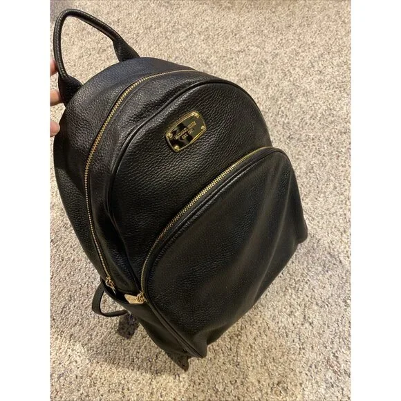 Michael Kors Black Leather Abbey Backpack Black Gold